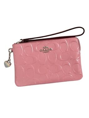 COACH Corner Zip Wristlet Signature Leather Heart Charm CDF04 Silver Pink